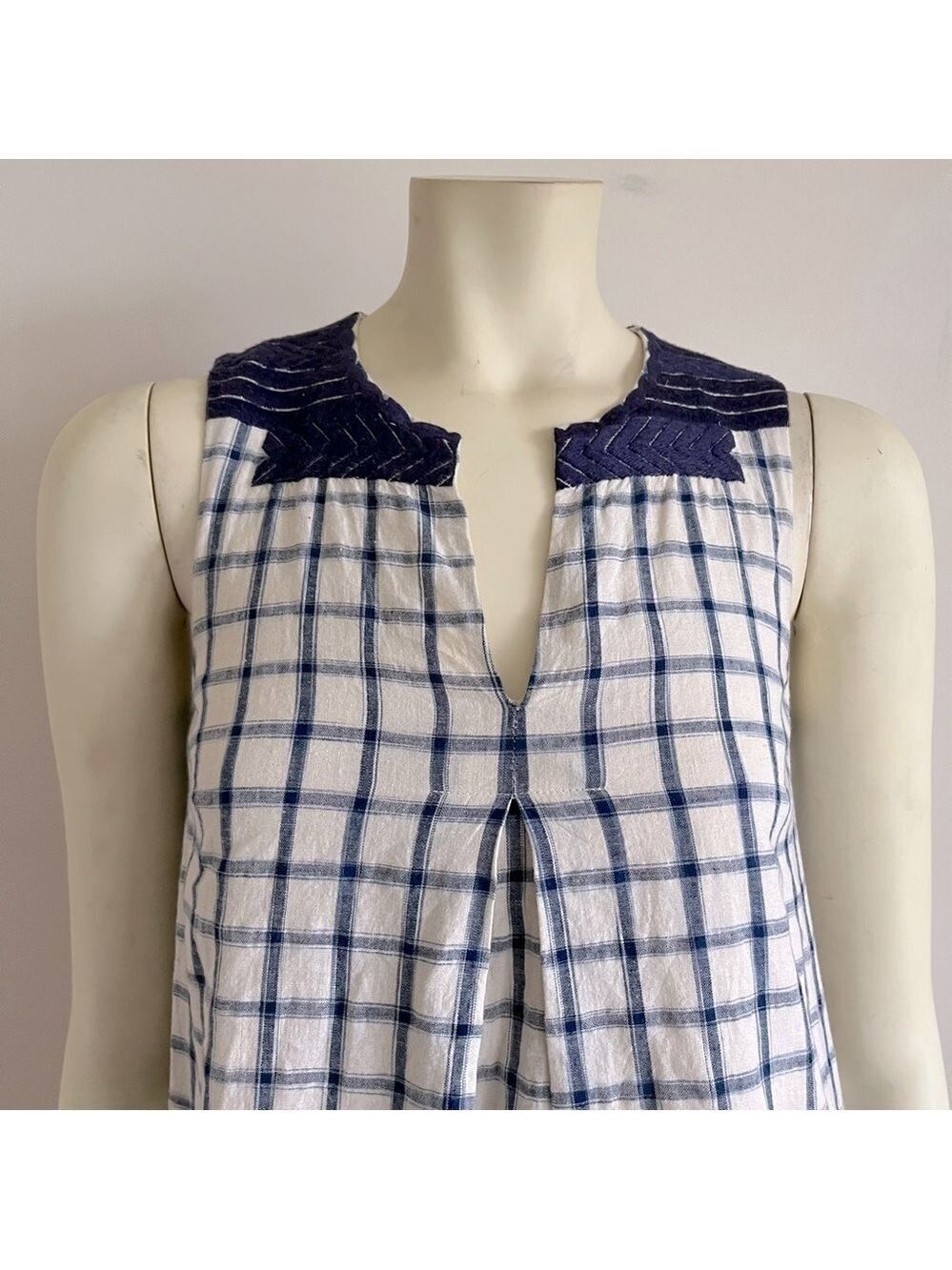 Madewell Women’s Embroidered Sunray Shirtdress Sleeveless Cream & Navy Check XXS - Picture 8 of 15